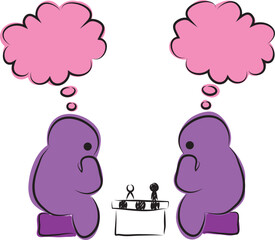 Two funny purple people with pink thought cloud play chess with each other, hand drawn with a black brush in curved lines