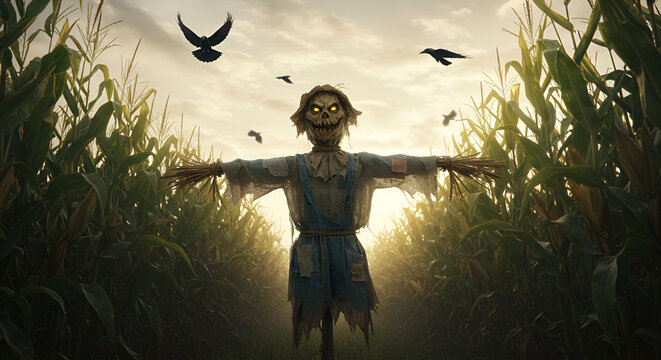 Eerie scarecrow guarding the cornfield with crows flying in the sunset light - Powered by Adobe