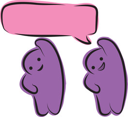 Two purple funny people with pink speech bubble doing exercises, hand drawn with a black brush in curved lines