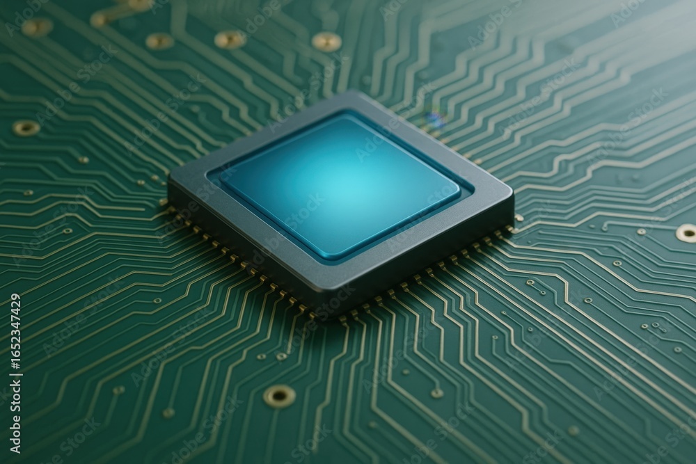 Poster high tech microchip on a green circuit board, demonstrating advanced computing and interconnectivity