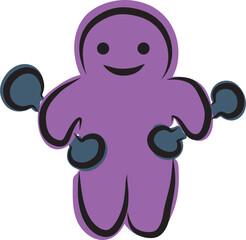 Funny purple man standing and holding dumbbells in his hands doing exercises, hand drawn with a black brush in curved lines