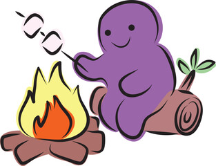 Funny purple man sitting near a fire and making marshmallows on a stick, hand drawn with a black brush in curved lines