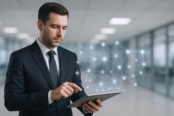 Fototapeta premium Professional Businessman Analyzing Digital Data on Tablet, Innovating with Futuristic Network Visualization in Modern Office