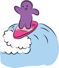 Funny purple man standing on surfboard riding big wave, hand drawn with a black brush in curved lines