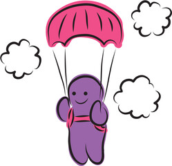 Funny purple man flying on a pink parachute, hand drawn with a black brush in curved lines