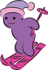 Funny purple man in winter hat skiing down, hand drawn with a black brush in curved lines