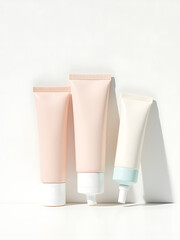 three pastel skincare tubes arranged gentle diagonal composition pristine white background subtle slight shadow