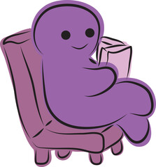 Funny purple man sitting in a chair and reading a book, hand drawn with a black brush in curved lines