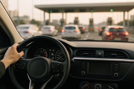 Fototapeta Driving View: Car Interior Perspective on Highway Toll Plaza During Golden Hour