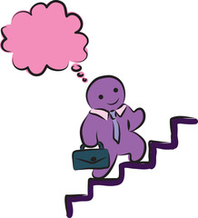 Funny purple man businessman with pink thought cloud climbing career ladder, hand drawn with a black brush in curved lines