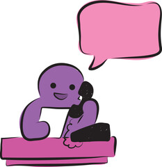 Funny purple man with pink speech bubble sitting and talking on landline phone, hand drawn with a black brush in curved lines