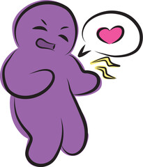 Funny purple man clutching his heart and suffering from heart pain, hand drawn with a black brush in curved lines