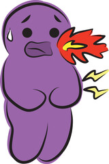 Funny purple man with heartburn in the form of fire from his mouth holding his stomach, hand drawn with a black brush in curved lines