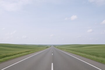 Fototapeta premium Scenic Route: Long Straight Road Through Green Fields Under a Pastel Blue Sky