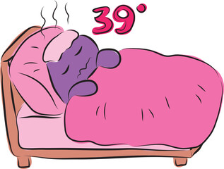 Funny purple man with high fever lying in bed suffering from high temperature, hand drawn with a black brush in curved lines