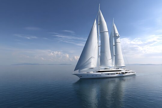 Majestic three-masted sailing yacht glides across calm blue ocean under expansive sky with distant islands - Powered by Adobe