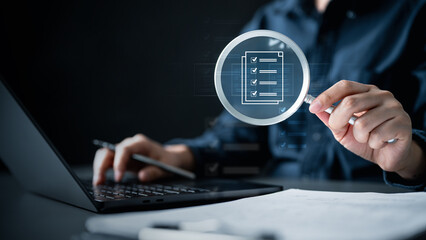Magnifying glass document management checklist. Magnifying glass check mark approved. Audit...