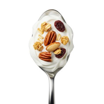 Polished stainless steel tablespoon holding transparent Greek yogurt with smooth peaks, topped with detailed golden-brown granola, nuts, and berries on transparent, commercial food concept