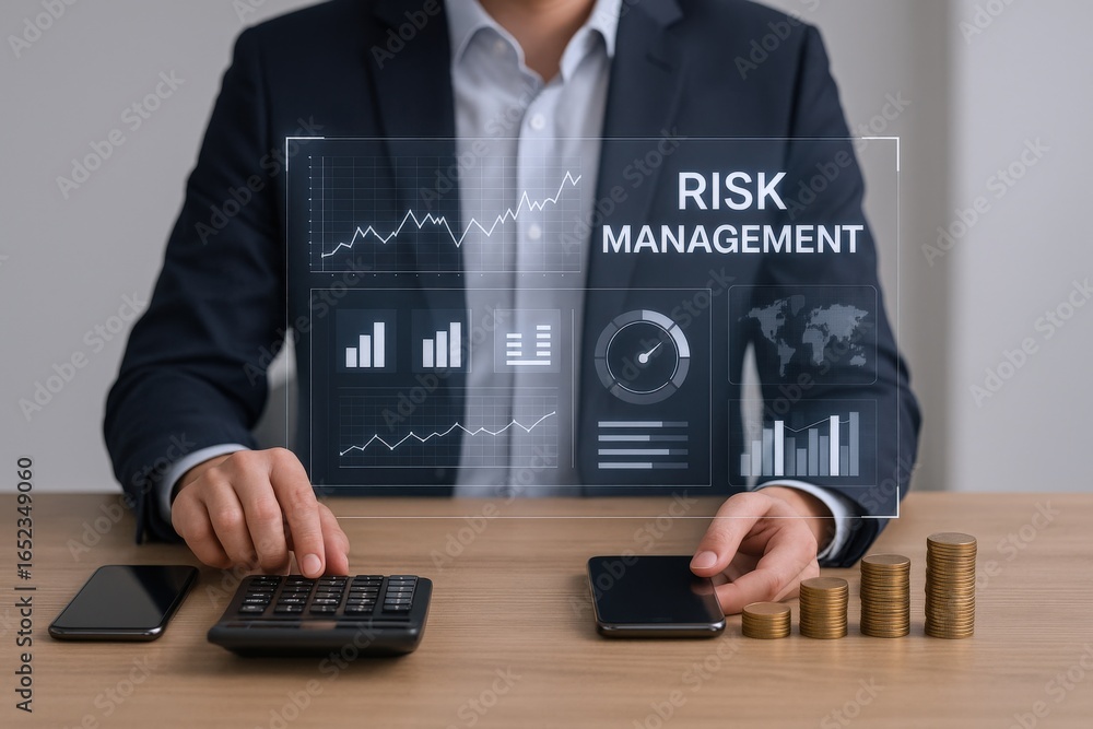 Poster risk management strategy analysis with financial data and technology visualization for business deci