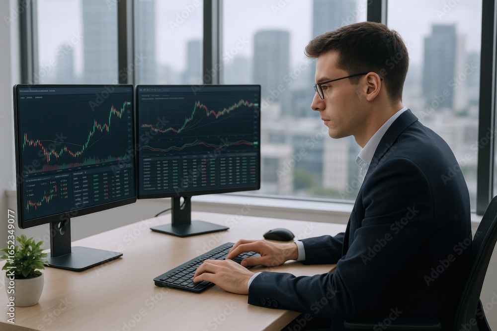 Aufkleber professional trader analyzing stock market data on dual monitors in modern office setting
