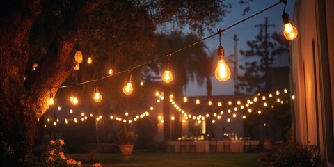 Festive outdoor garden with string lights and hanging bulbs in the evening, creating an inviting atmosphere for social gatherings or special events