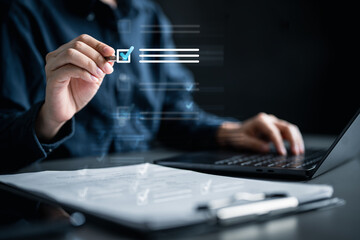 Document management checklist. Check mark approved. Audit certificate evaluate examination...