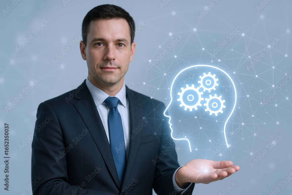 Poster innovative businessman presenting artificial intelligence concept with gears and neural network on a