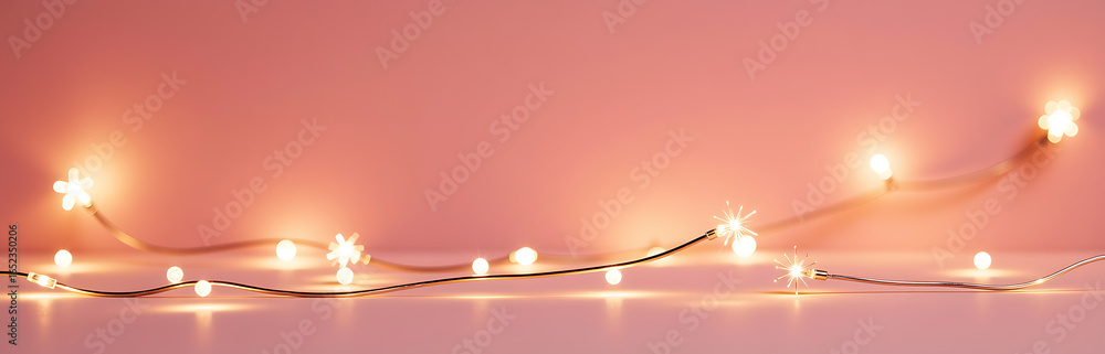 Poster soft focus image twinkling string lights draped across warm pink background gentle shadows highlight