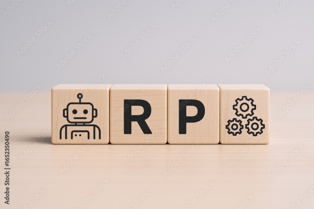Poster wooden blocks displaying robotic process automation concept: technology, efficiency, and modern busi