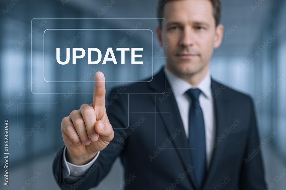 Poster businessman touching a virtual update button on futuristic interface screen in a modern office