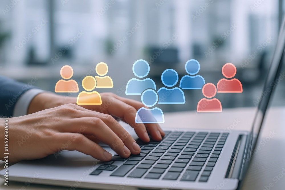 Poster hands typing on laptop with people icons for business networking and team communication