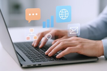 Hands Typing on Laptop with Communication Icons: Business, Technology, and Connectivity Concepts