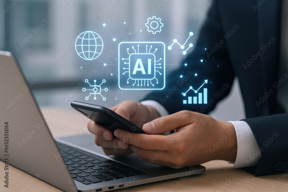 Poster ai integration in business: man using smartphone with artificial intelligence interface overlayed on