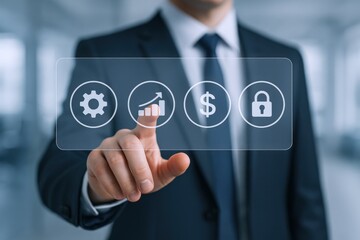 Obraz premium Businessman Interacting with Digital Interface Showing Settings, Growth, Money and Security Icons for Business Solutions