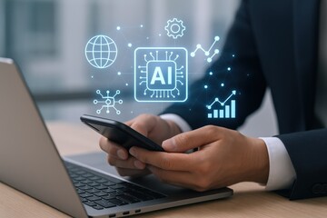 AI Integration in Business: Man Using Smartphone with Artificial Intelligence Interface Overlayed on Laptop