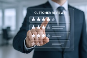 Obraz premium Businessman Interacting with a Customer Reviews Interface on a Touchscreen, Rating with Star System