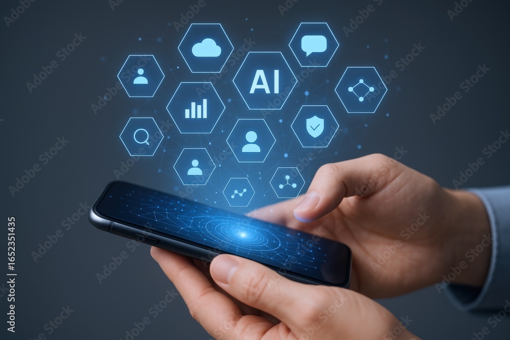 Poster artificial intelligence on mobile: hand interacting with ai icons via smartphone for futuristic solu
