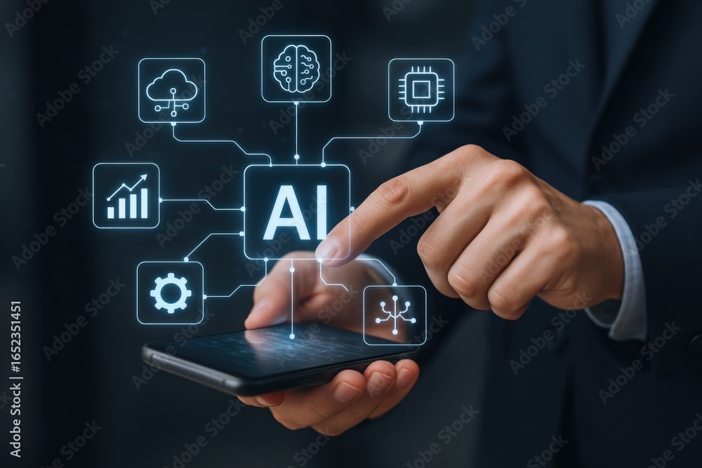 Poster ai integration concept: businessman interacting with artificial intelligence interface on smartphone