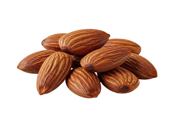 A small, artfully arranged pile of whole, shelled smoked almonds with dark, rich textures on a pristine transparent background, no shadows, macro 3/4 view product photography. Concept for snack