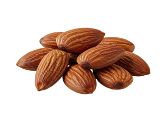 A small, artfully arranged pile of whole, shelled smoked almonds with dark, rich textures on a pristine transparent background, no shadows, macro 3/4 view product photography. Concept for snack