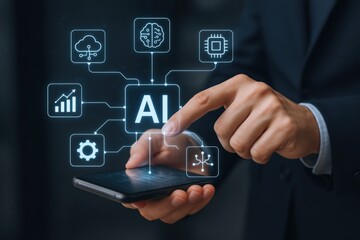 AI Integration Concept: Businessman Interacting with Artificial Intelligence Interface on Smartphone for Data Analysis and Automation