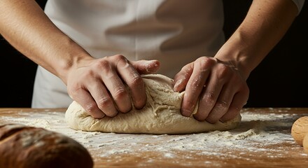 Hands Kneading Dough on Wooden Surface with Flour and Loaf
