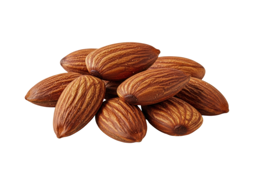 A small, artfully arranged pile of whole, shelled smoked almonds with dark, rich textures on a pristine transparent background, no shadows, macro 3/4 view product photography. Concept for snack