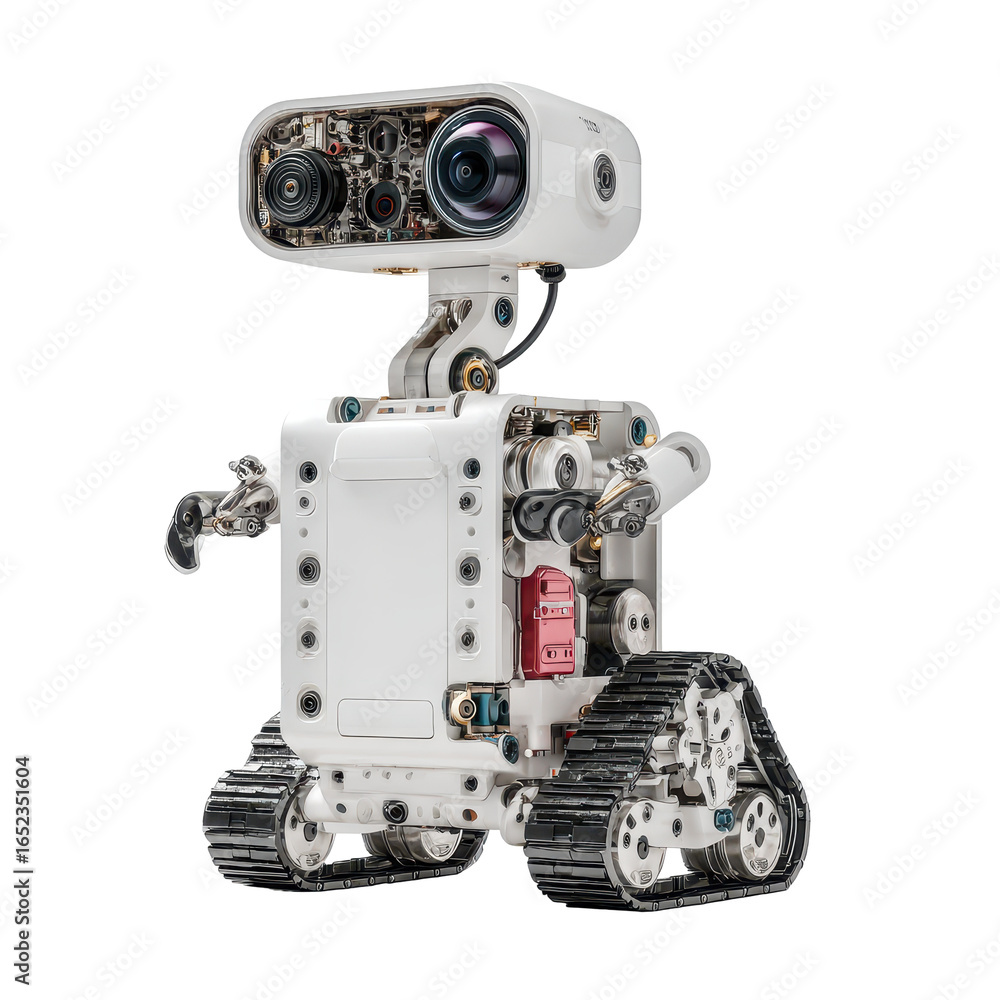 Poster small robotic character demonstrating advanced technology and design in a studio setting with intric