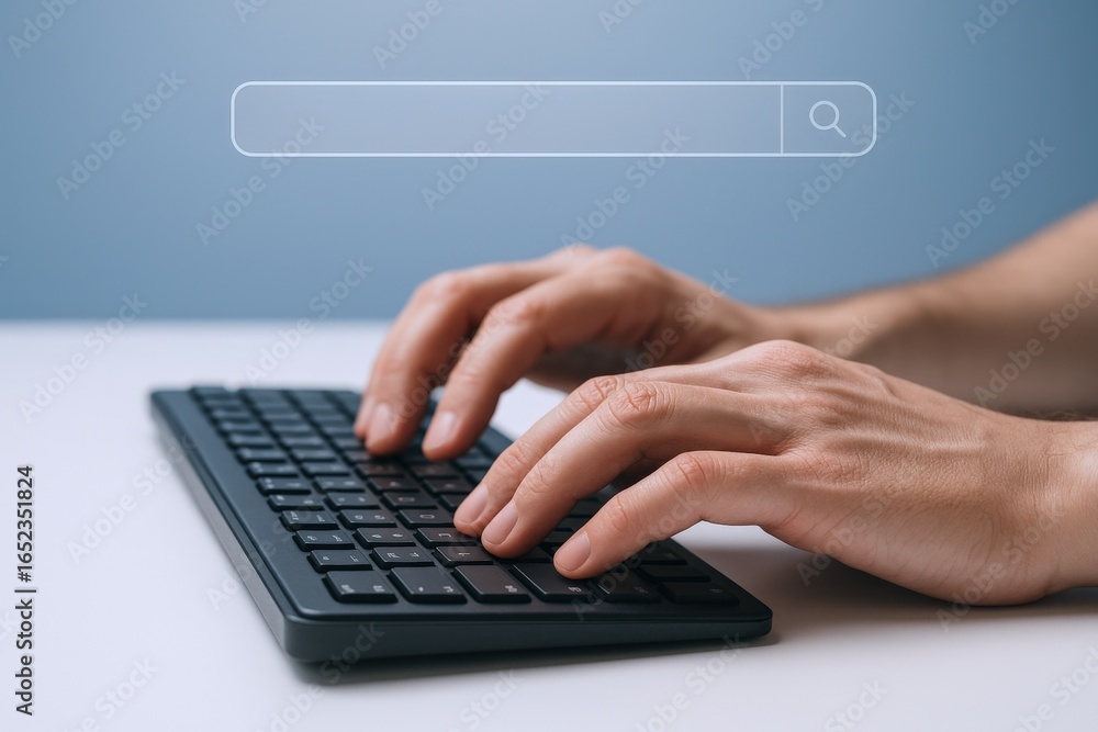 Poster typing on keyboard with search bar overlay: internet search concept for online information access