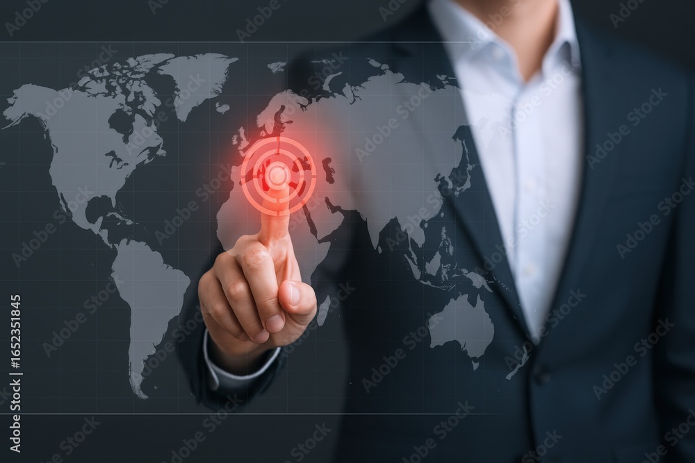 Poster global business expansion: man interacting with world map interface, indicating target location, rep