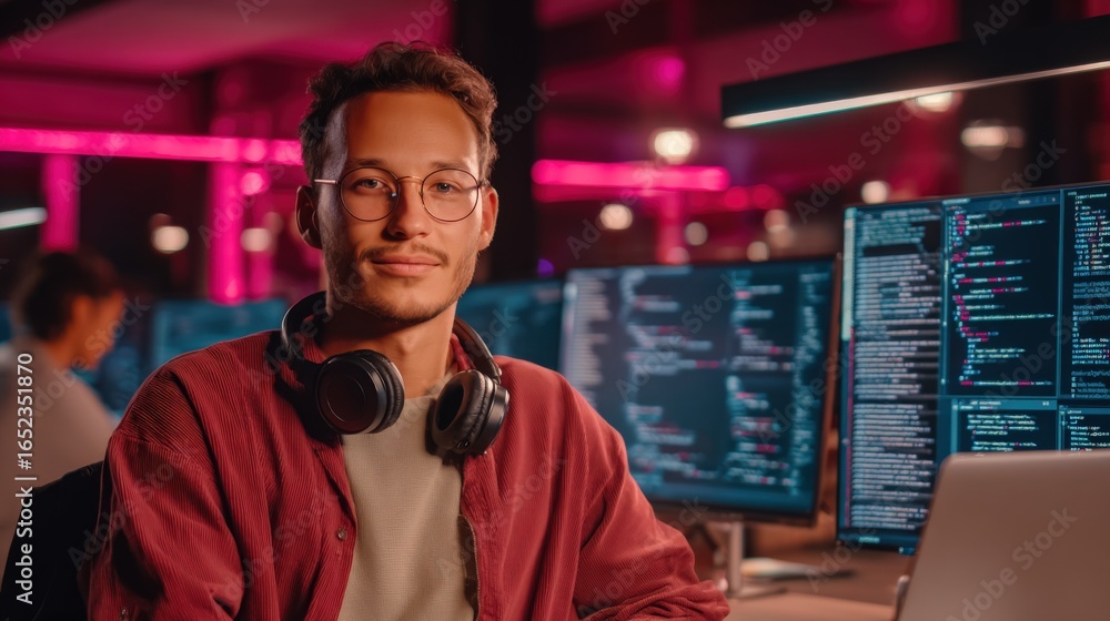 Poster confident programmer smiling in a modern tech office with multiple screens and pink lighting