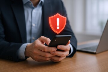 Obraz na płótnie Canvas Alert Notification on Smartphone: Man Receiving Security Warning Message, Cybersecurity Threat Detected
