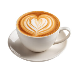 Artfully crafted coffee with heart design served in a white cup on a saucer
