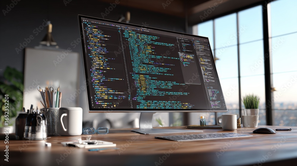 Poster coding workspace: computer monitor displaying complex code on a modern desk, illustrating software d